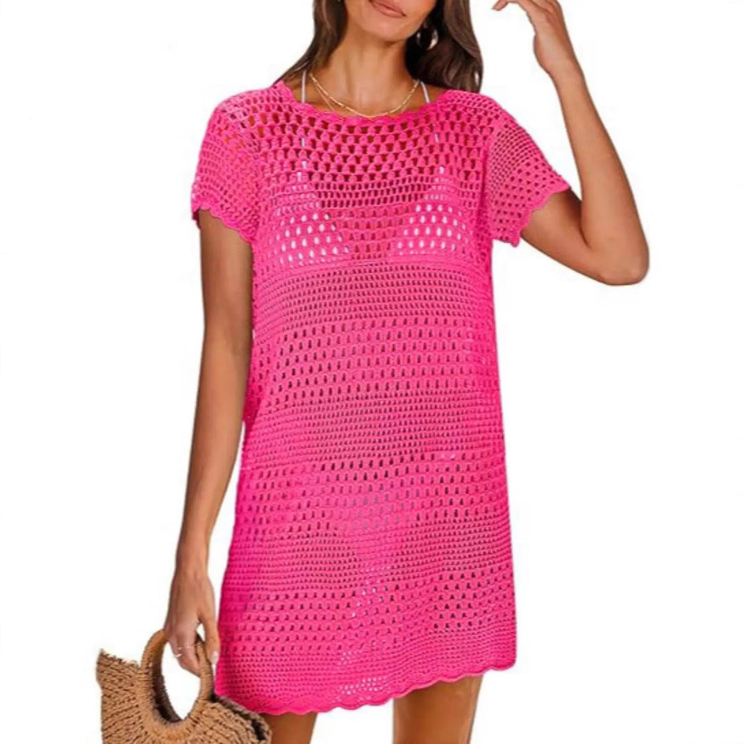 Knitted Short Sleeve Cutout Blouse Women's Swimming Vacation