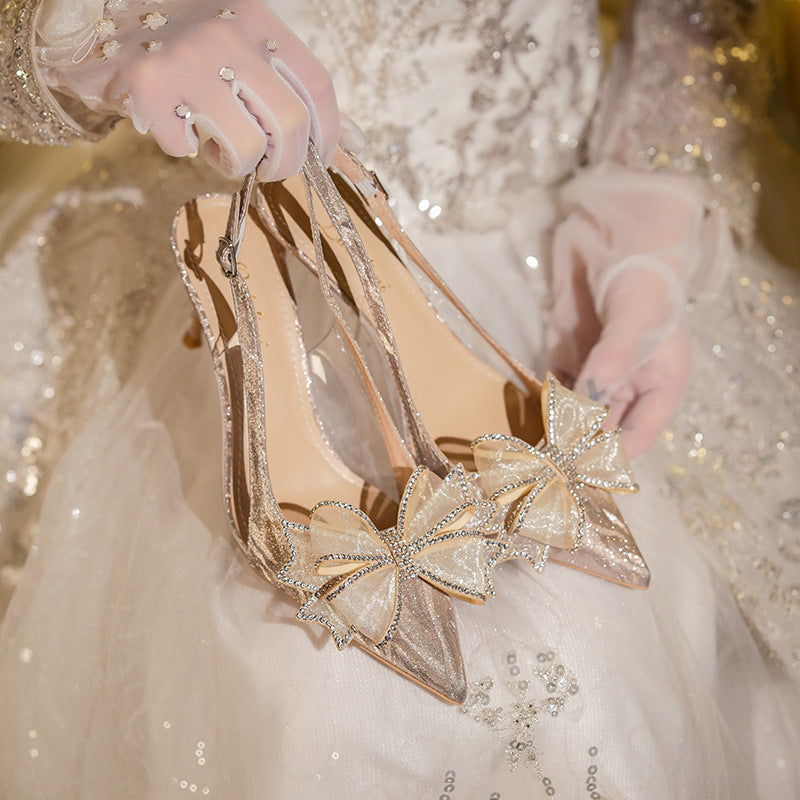 Sandales à talons hauts en cristal français avec nœud et strass, bout pointu, style stiletto, chaussures de mariée dorées pour femmes, été