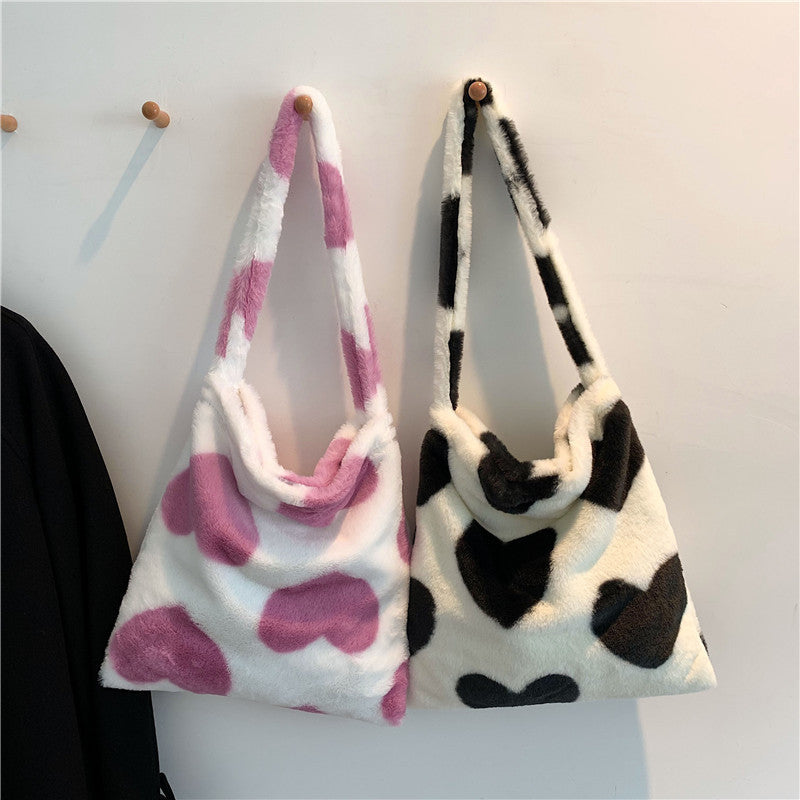 Sacs à bandoulière en peluche pour femmes, motif cœur d'amour, sacs de courses d'hiver