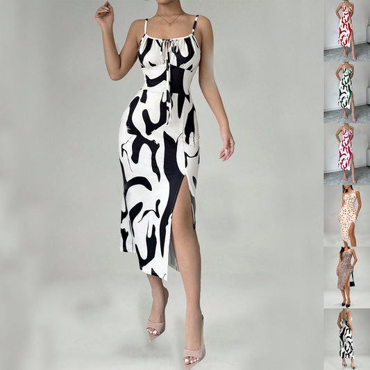 Summer Printed Suspender Split Dress Fashion Slim Lace-up Long Dresses For Women Clothing