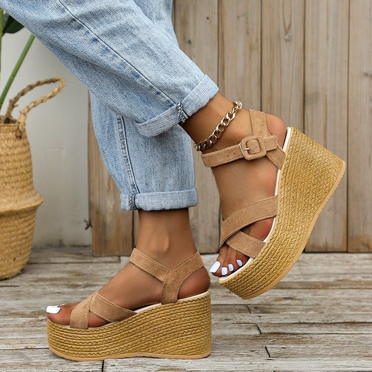 Sandales compensées pour femmes, chaussures d'été décontractées antidérapantes à plateforme et talons en chanvre
