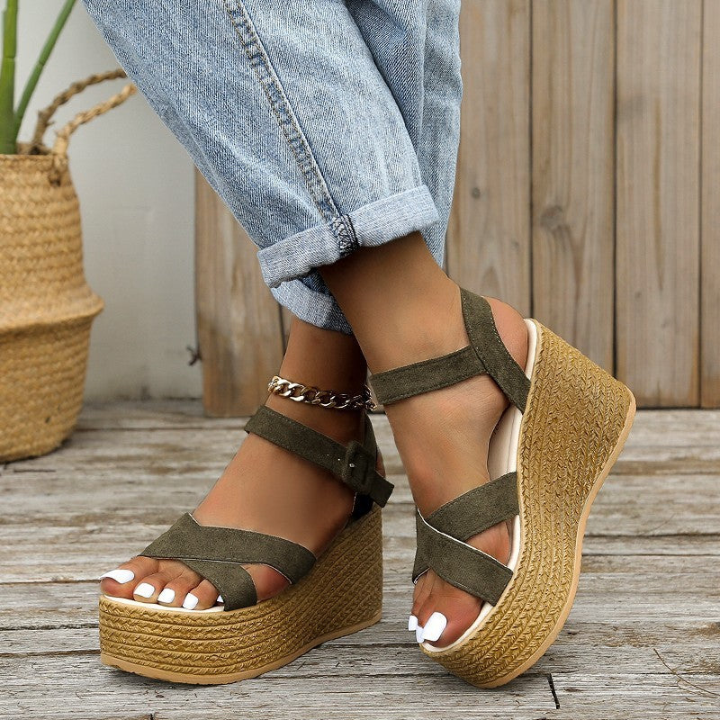 Sandales compensées pour femmes, chaussures d'été décontractées antidérapantes à plateforme et talons en chanvre