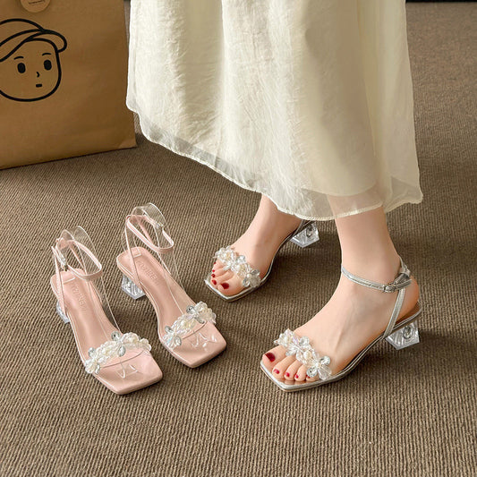 Rhinestone Flower Strap Women's High Heel Shoes