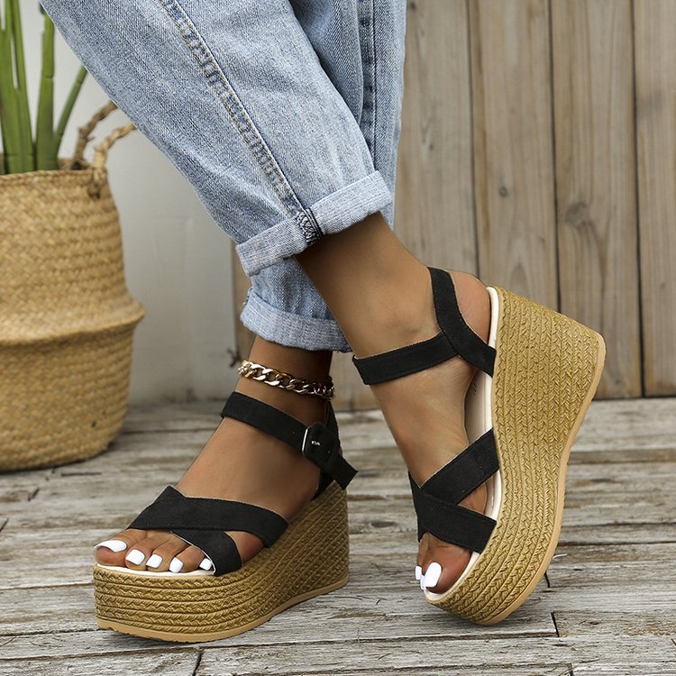 Sandales compensées pour femmes, chaussures d'été décontractées antidérapantes à plateforme et talons en chanvre