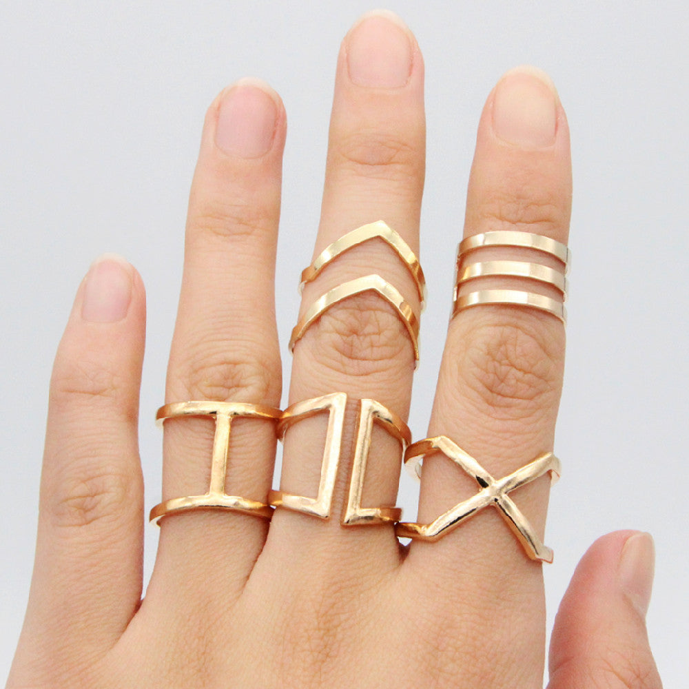 Fashion Personality Cross V Shape Geometric 5 Piece Rings