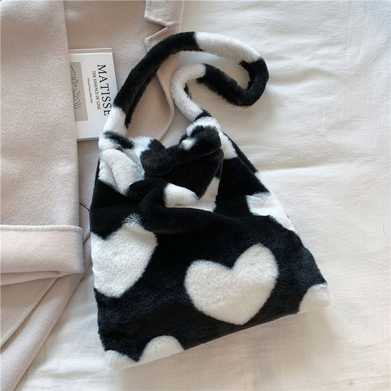 Sacs à bandoulière en peluche pour femmes, motif cœur d'amour, sacs de courses d'hiver