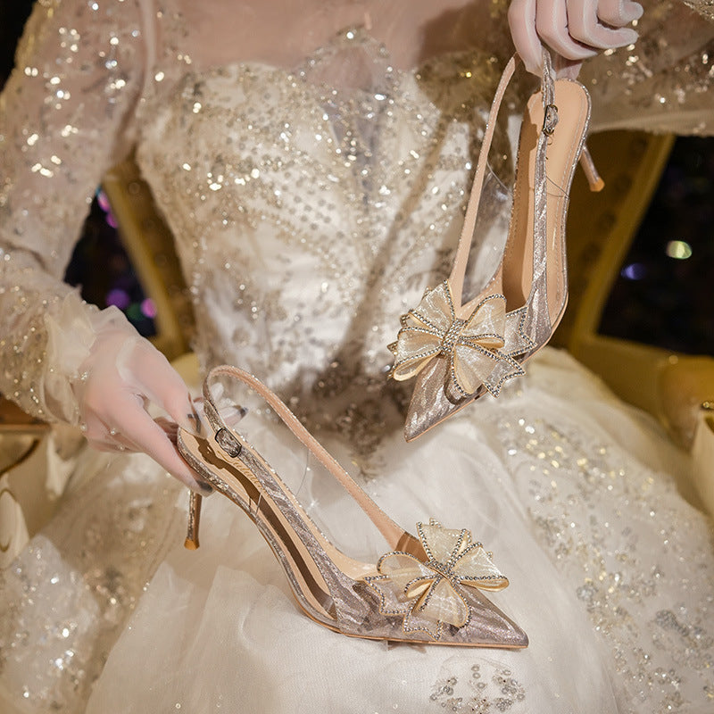 Sandales à talons hauts en cristal français avec nœud et strass, bout pointu, style stiletto, chaussures de mariée dorées pour femmes, été