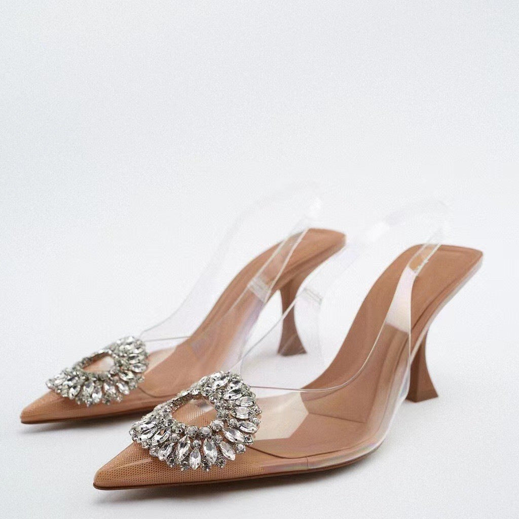 Za Shoes High Heel Sandals Women's Transparent Back Strap Water Diamond Decorations Closed Toe Sandals Pointed Toe Pumps High Heels Stiletto Heel